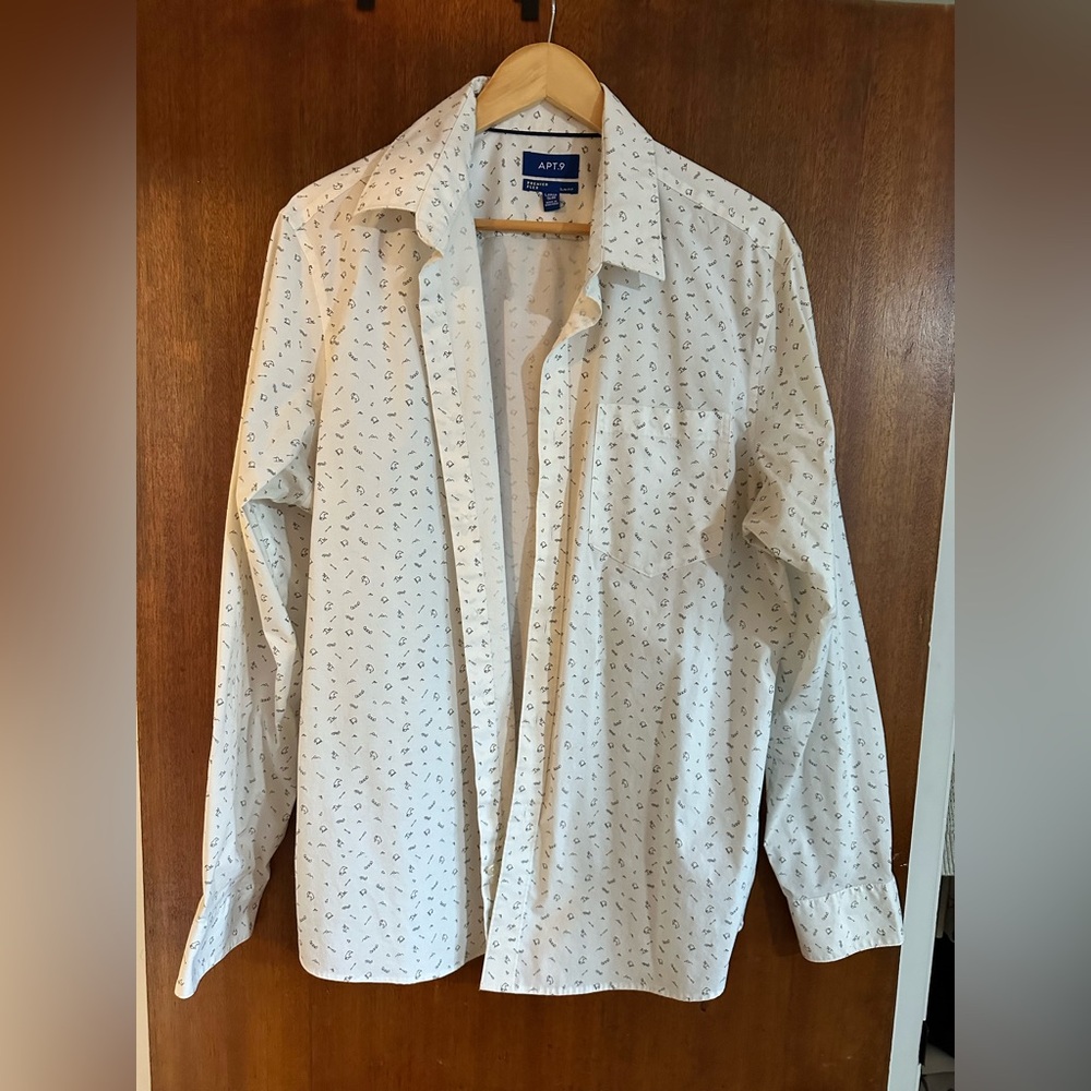 Apt. 9 White Button-Up Shirt Jacket with black buffalo, boats, and mountains